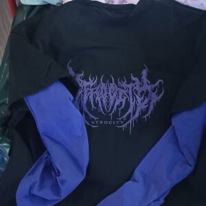 SHEIN Black Long Sleeve Graphic Tee with Purple Sleeves